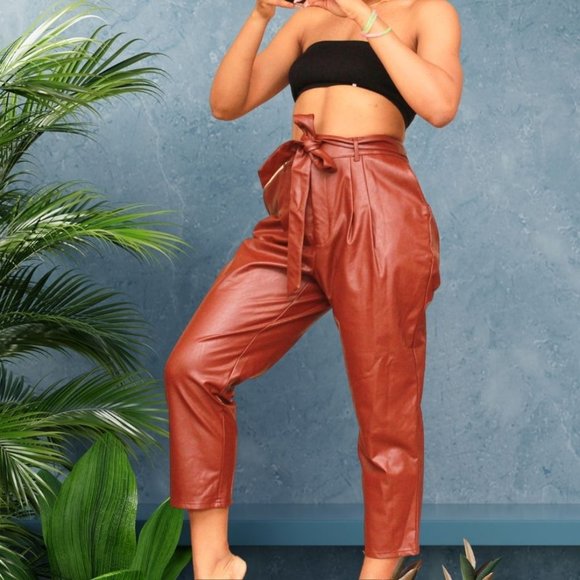 Express Super High Waisted Faux Leather Belted Ankle Pant - Picture 1 of 3
